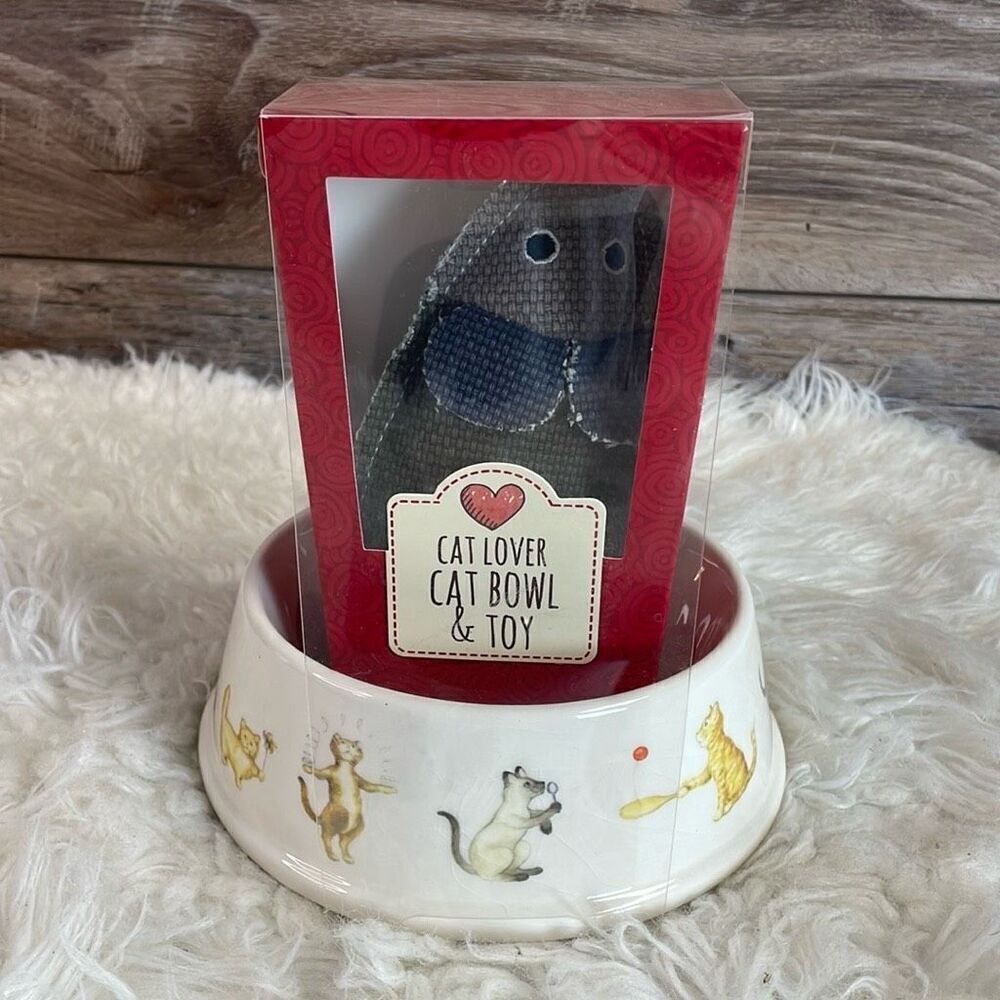 PELICAN BAY LTD Cat Lover Cat Bowl & Toy Kitten 6 1/2 diameter White Ceramic